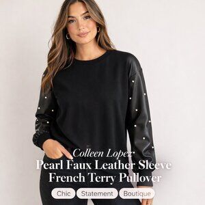 🆕 Colleen Lopez French Terry Pullover Top with Faux Leather Sleeves Sz M